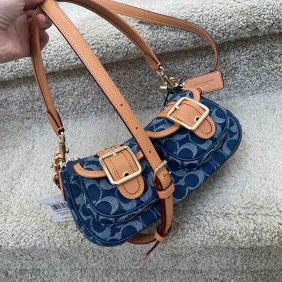 COACH Ashton Baguette Bag In Signature Canvas Denim/Brown CY700 - Picture 1 of 6